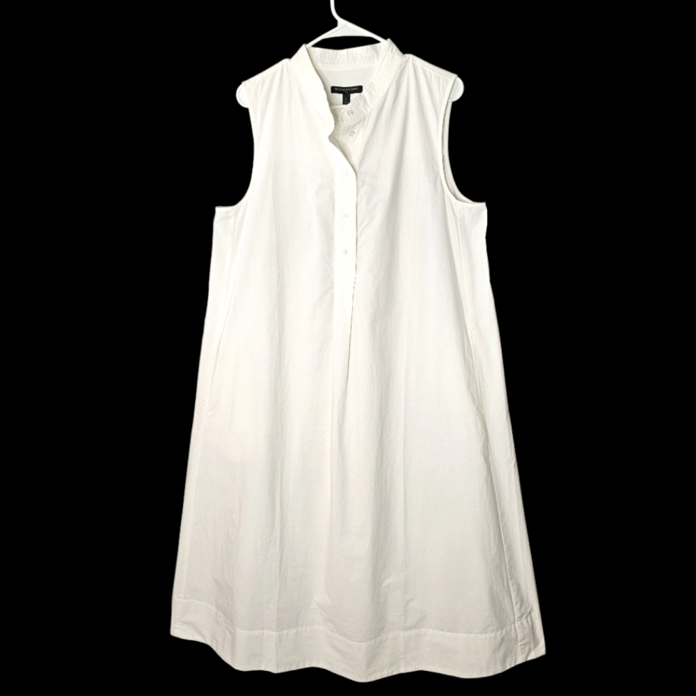 Banana Republic Poplin Tea Length Collard 1/4 Button Sleeveless White Dress L